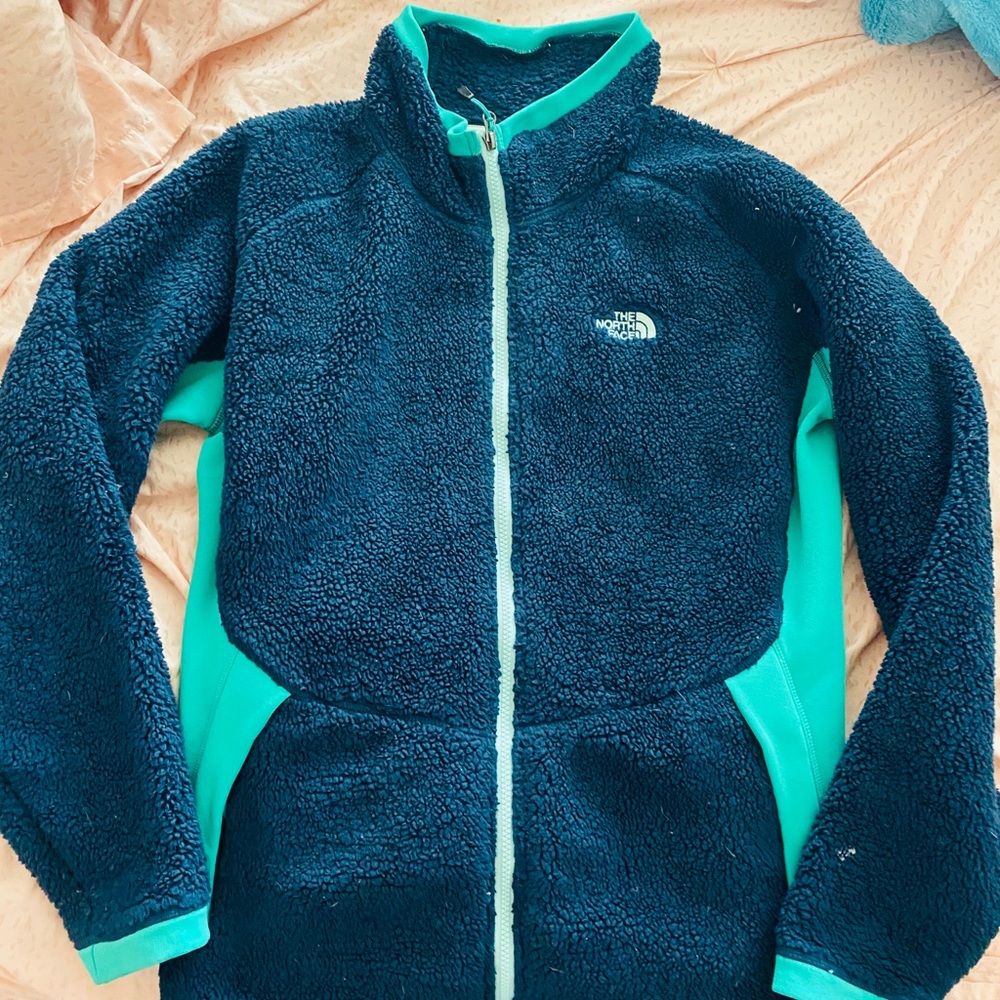 The north face blue green sherpa zip up